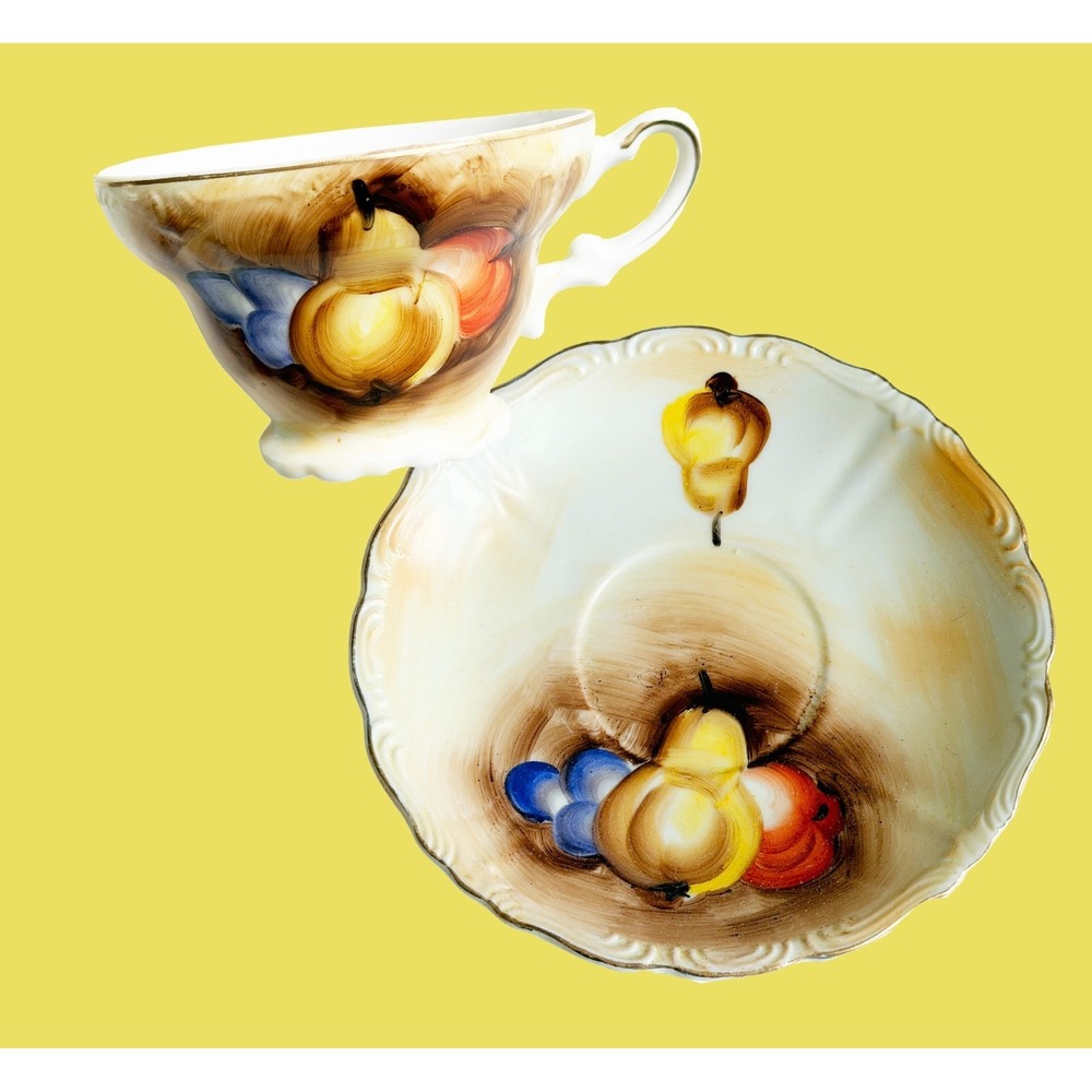 Vintage Tea Cup And Saucer Fruit Design Pear Grapes Gold Trim